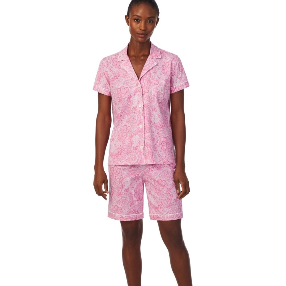 #1100 Lauren Ralph Lauren 2-Pc. Notched-Collar Bermuda Pajamas Set - Pink Pais